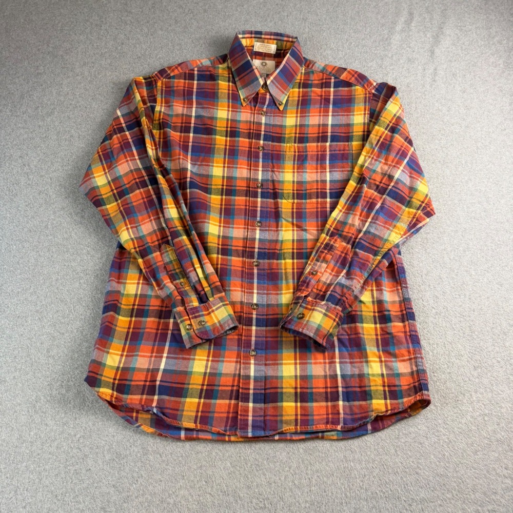 Vintage Viyella Mens M Plaid Button Down Shirt Orange Purple Cotton Wool Blend
